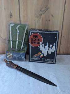 lot 8504 image: Desktop Mini Bowling Game Set  Golf Club Pens  Decorative Letter Opener