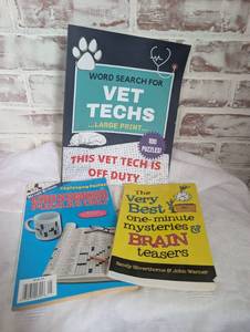lot 9513 image: Puzzle Book Bundle - Word Search for Vet Techs, Herald Tribune Crossword Puzzles Only, and The Very Best One-Minute Mysteries & Brain Teasers