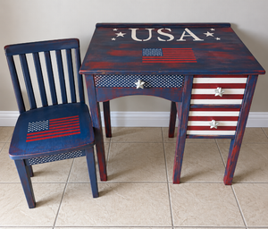USA American Flag Painted Kids Wooden Desk and Chair Set - 27x15.5x26.5 in