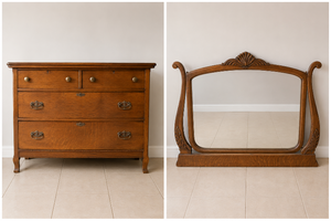 lot 502 image: Oak Wood Chest of Drawers with Brass Hardware (with mirror) -41x21x32.5 in