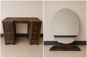 lot 504 image: Project Piece - Art Deco Style Wooden Desk with Four Drawers (with mirror) - 40.5x17x25 in