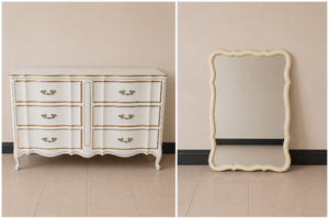 lot 507 image: French Provincial Style White and Gold Dresser with 6 Drawers (w mirror) - 49x16.5x32 in