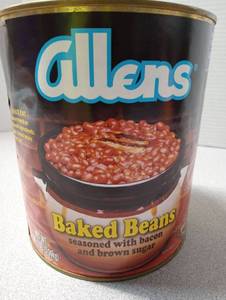 lot 6699 image: Allens Baked Beans Seasoned with Bacon and Brown Sugar 7 lbs 3 oz Best By Jan 06, 2029