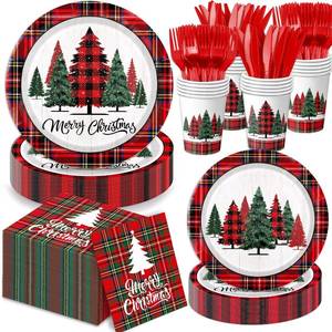 Oigco Christmas Disposable Paper Dinnerware Set Includes Plates, Cups, Napkins, Cutlery for Buffalo Plaid Merry Christmas Party Decorations, Serves 20
