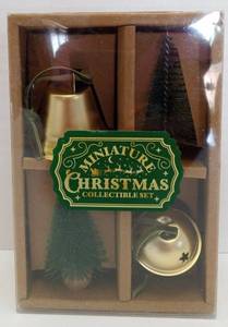 lot 5388 image: Miniature Christmas Collectible Set with Trees, 2 Bell Ornaments