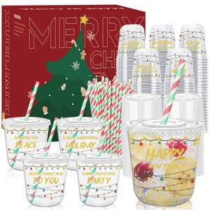 Xuelimei 12oz Christmas Disposable Plastic Cups with Lids and Straws-Christmas Balls Ornaments Drinking Cups for Holiday Party Supplies Cold Drinks, Coffee, Beer, Drinks, Ice Cream. (100)