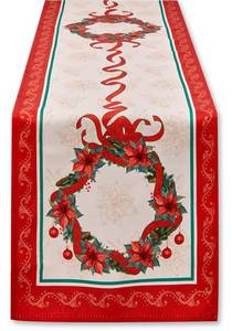 lot 6771 image: YiHomer Poinsettia Ribbon Engineered Printed Fabric Christmas Tabletop for Xmas Winter Holiday, Christmas Time, Tablecloth, 52 x 52 Square