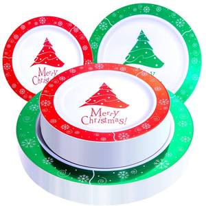lot 6774 image: Rubtlamp 60PCS Christmas Plastic Plates, White Plastic Plates With Red and Green Christmas Tree, christmas Party Disposable Plate Include 30 Green Dinner Plate, 30 Red Salad Platos