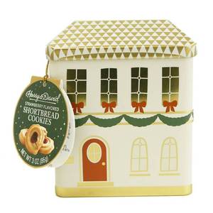 lot 7302 image: Harry & David House Tin with Strawberry Shortbread Cookies Christmas Gift Set - 3oz4 piece variety pack 13026. 4126. 2126. 7126
