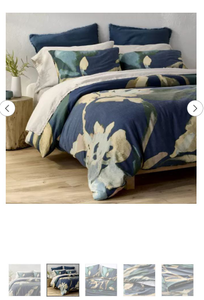 lot 6840 image: Comforter Set Navy Blue Cream Green Floral Pattern - King size