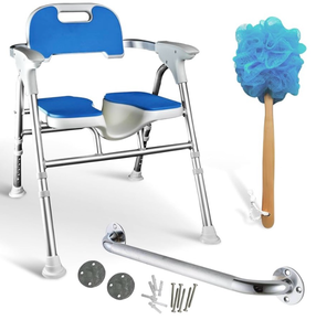 lot 6918 image: Foldable Shower Chair for Elderly & Disabled Adjustable Height, Soft Cushion Seat, 16-Inch Steel Grab Bar & Loofah, Supports Up to 350 lbs, FSAHSA Eligible for Safe & Comfortable Bathing