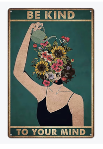 lot 6921 image: Fmcmly Be Kind to Your Mind Vintage Tin Signs Hippie Boho Wall Art Encouragement Gifts for Women Home Office Bedroom Living Room Cafes Wall Decor 8x12 Inch