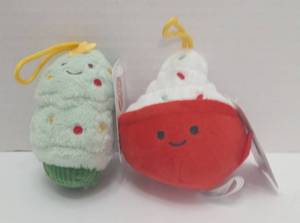 lot 7328 image: 2 Holiday Plush Ornaments Christmas Tree and Mug with Hanging Loop