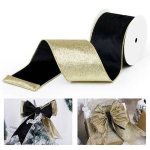lot 7330 image: LIZLOVESS Black Velvet Wired Ribbon with Glitter Back 4 Inch Black and Gold Christmas Ribbon Wired Ribbon for Christmas Tree, Gift Wrapping, Mantel, Wreaths Supplies, Topper Bows (10 Yards)
