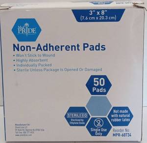 lot 7378 image: MedPRIDE Non-Adherent Pads 3 x 8 50 Count MPR-60734