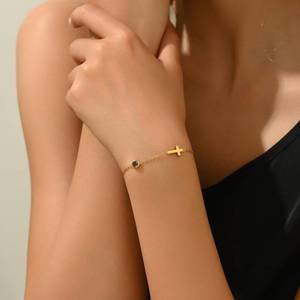 lot 7389 image: Jewigo Birthstone Bracelets for Women Dainty 18K Gold Plated Cross Bracelets Simple Cubic Zircon Adjustable Bracelet Christian Jewelry Gifts