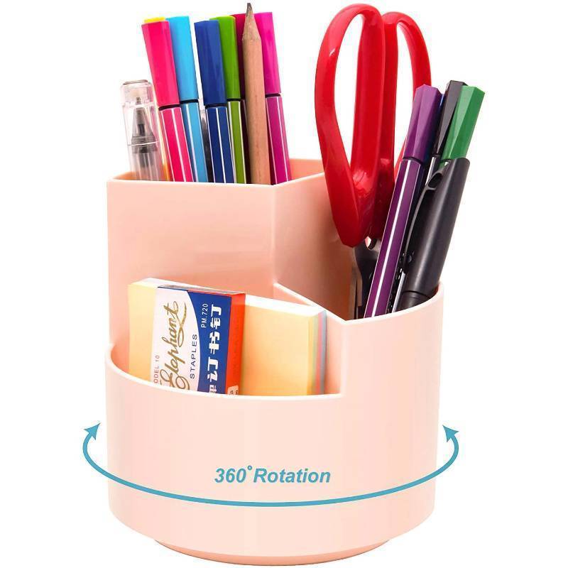 lot 113 image: Siveit Desk Pencil Pen Holder, Desk Organizers 3 Slots 360-Degree Rotating Pen Holder for Desktop Storage Stationery Supplies Organizer, Home, Office, School, Kids, Peach Pink Retail $9.99