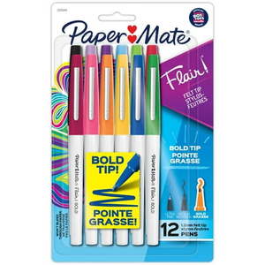 lot 105 image: Paper Mate Flair Pens  Felt Tip Pens  #1 Teacher Choice  Bold Tip (1.2 mm)  Assorted Colors  12 Count - Retail $8
