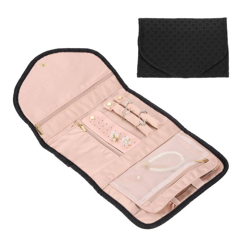lot 143 image: pic Similar to Travel Jewelry Case Organizer, Foldable Jewelry Travel Organizer PU Jewelry Storage Roll Jewelry Case for Women Gift Necklaces Earrings Rings Bracelets, Black - Retail $13