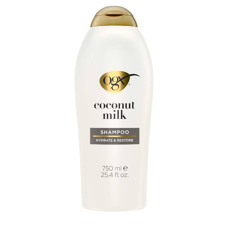 lot 144 image: OGX Nourishing  Coconut Milk Shampoo, Hydrating & Restoring Shampoo Moisturizes for Soft Hair After the First Use, Paraben-Free, Sulfate-Free Surfactants, 25.4 fl. oz - Retail $12