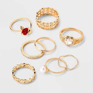 lot 128 image: Pearl Heart and Rose Multi Ring Set 8pc - Wild Fable Gold Zinc Band, Stacking, Statement Jewelry - Retail $10