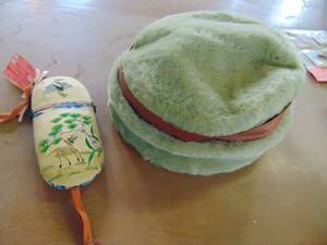 lot 4245 image: Vintage Hat and Embroidered Glass Case 