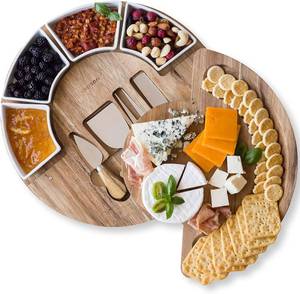 lot 21576 image: ChefSofi Charcuterie Board Set and Cheese Serving Platter - Made from Acacia Wood - US Patented 13 inch Cheese Board and Knife Set for Entertaining and Serving - 4 Knives and 4 Bowls