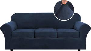 lot 21579 image: H.VERSAILTEX Modern Velvet Plush 4 Piece High Stretch Sofa Slipcover Sofa Cover Furniture Protector Form Fit Luxury Thick Velvet Sofa Cover for 3 Cushion Couch Width Up to 90 Inch (Sofa,Navy)