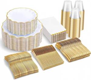 lot 21584 image: I00000 350 PCS White and Gold Plastic Plates for 50 Guests, Premium Scalloped Disposable Dinnerware Set Include 100 Disposable Plate, 50 Napkins, 50 Cups, 50 Silverware Set for Party & Wedding
