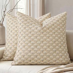 lot 21594 image: MIULEE Set of 2 Decorative Floral Pillow Covers Neutral Vintage Throw Pillows Block Print Boho Farmhouse Cushion Covers for Spring Home Decor Couch Sofa Bed Living Room, 22x22 Inch, Cream Oatmea