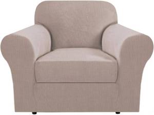 lot 21596 image: H.VERSAILTEX Small Armchair Cover 2 Piece Chair Covers for Living Room Furniture Cover Suit for T CushionBox Cushion, Spandex Jacquard Fabric Small Checks(Armchair-Standard, Sand)