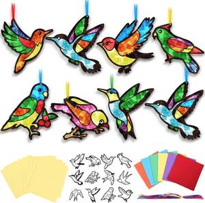 lot 21892 image: AmazingSpark 36 Pcs Summer Suncatcher Crafts, Rainfrost Fall Them Hummingbird Suncatchers, Quetzals Window Art, Creative Stained Glass Tissue Paper for Home Birthday Party Favors Decor