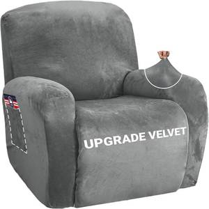 lot 21910 image: ZNSAYOTX Stretch Velvet Recliner Cover 4-Pieces, Thick Soft Recliner Chair Slipcover with Pocket, Non-Slip Elastic Bottom for Kids Pets, Luxury Plush Reclining Protector Comfy Washable (Grey)