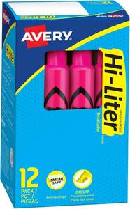 lot 21911 image: Avery Hi-Liter Desk-Style Highlighters, Smear Safe Ink, Chisel Tip, 12 Fluorescent Pink Highlighters (24010)