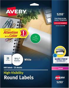 lot 21926 image: Avery Round Printable Labels, 1-23 Diameter, Matte White, Sure Feed Technology, Laser & Inkjet Compatible, 600 Blank Labels Total, Great for Branding, Packages, School Supplies, and More (5293)