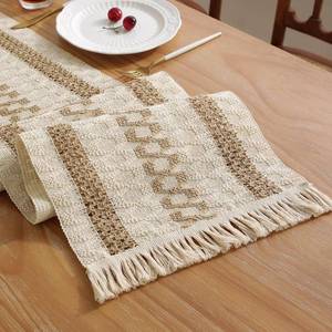 lot 21931 image: Niviy Boho Summer Table Runner with Tassels 12 x 72 Inches Long, Cream & Brown Rustic Farmhouse Table Runner with Tassels for Home Kitchen Holiday Party and Wedding Decor Runner