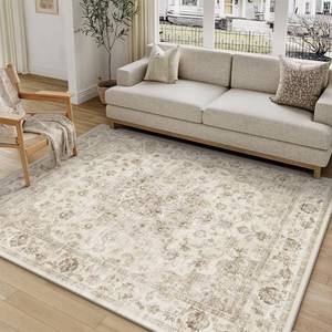 lot 21945 image: 5x7 Washable Neutral Area Rug Beige Vintage Living Room Bedroom Carpet Non-Slip Soft Low Pile Farmhouse Indoor Throw Rug for Dining Room Entryway Office