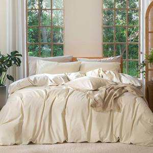 lot 21948 image: MooMee Bedding Duvet Cover Set 100% Washed Cotton Linen Like Textured Breathable Durable Soft Comfy (Heathered Almond Milk Grey, King 104x90)