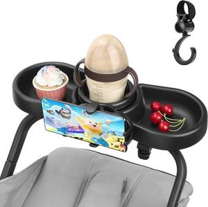 lot 21956 image: Universal Stroller Snack Tray, 4 in 1 Stroller Tray Attachment with Cups Phone Holder for Baby Toddler Stroller, 360  Rotation Universal Stroller Tray Compatible with Uppababy, Baby Jogger, etc
