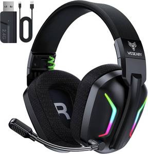 lot 21964 image: WESEARY Wireless Gaming Headsets for PC, PS5, PS4, Switch, Mac, 2.4GHz Wireless Gaming Headphone with ENC Noise Canceling Microphone, Bluetooth 5.4, Cool Lighting, 50H Battery, 50mm Drivers - Damage to microphone