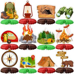 lot 21975 image: Tarklanda 12 Pcs Camping Party Honeycomb Centerpieces Campfire Adventure Party Table Decorations 3D Honeycomb Birthday Supplies Photo Props