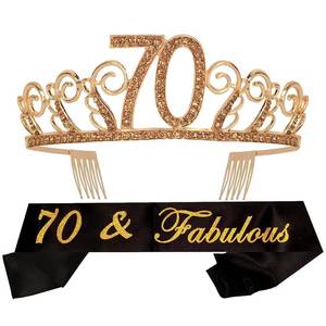 lot 21977 image: MEANT2TOBE 70th Birthday Sash and Tiara for Women - Fabulous Glitter Sash  Waves Rhinestone Gold Premium Metal Crown for Her, 70th Birthday Gifts Ideas & Party Decorations for Happy Mom & Women