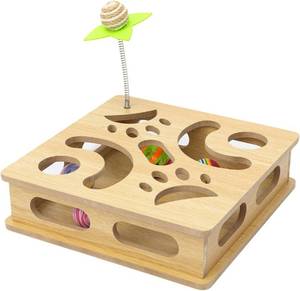 lot 21980 image: Interactive Wooden Cat Puzzle Toy Box Indoor Hunting Play Toy to Stimulate Your Cats Energy and Instincts (Burlywood)