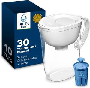 lot 21990 image: Brita Water Pitcher, Everyday Elite Filter, Removes 99% of Lead, 10 Cup Capacity, White, 1 Count