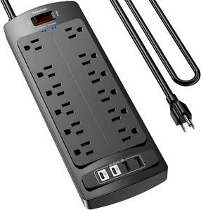 lot 21991 image: 6 Ft Extension Cord Power Strip, Teiobar Surge Protector with 12 AC Outlets and 4 USB Ports for Home, Office, Dorm Essentials, 2700 Joules, ETL Listed, Black