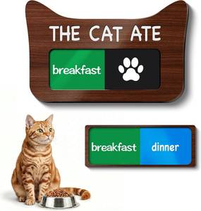 lot 22056 image: Cat Feeding Reminder Sign, Magnetic Pet Fed Schedule Chart with Slider, Breakfast & Dinner Tracker for Fridge, Prevent Overfeeding, Unique Cat Ear Shape Acrylic Sign, 4.7 x 3, Walnut