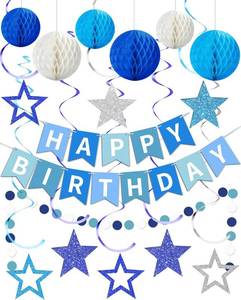 lot 22057 image: Blue Happy Birthday Decorations, Happy Birthday Banner with Honeycomb Balls, Stars Hanging Swirl Streamers, Dots Garland, Party Decorations for Men Boys Women Girls