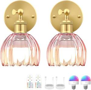lot 22111 image: Vintage Battery Operated Wall Sconce, Pink Tulip Glass Lampshade Wireless Rechargeable Battery Powered LED Wall Light with Remote Dimmable for Bedside Bedroom Doorway Living Room, Set of 2