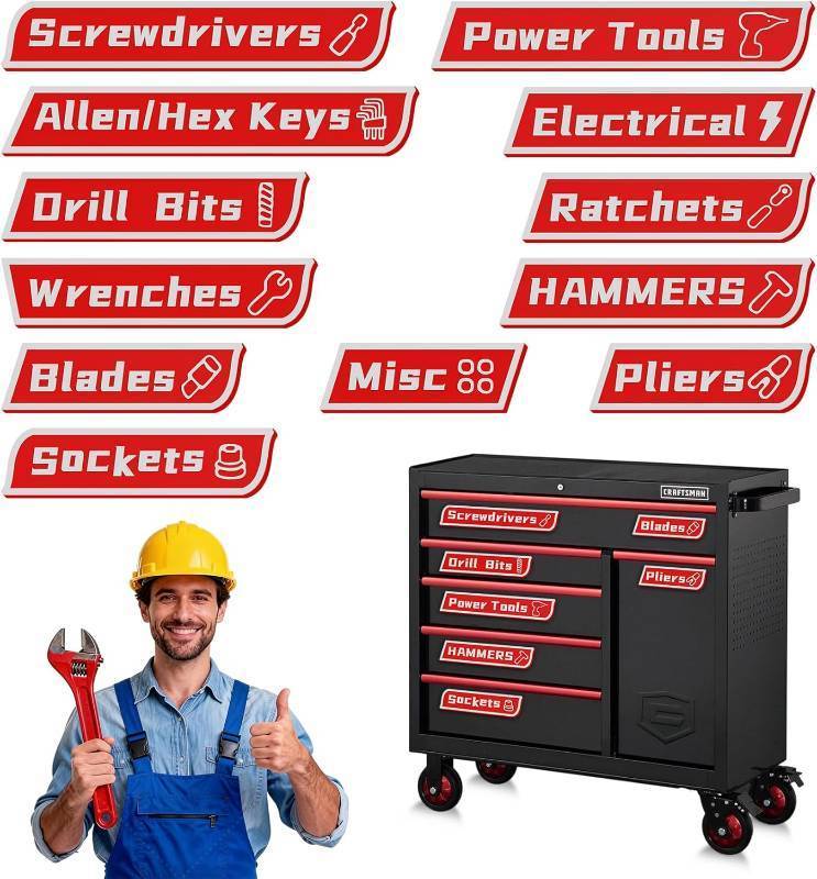 lot 12879 image: 12 Pack of Magnetic Toolbox Labels with Tool Icons, Upgraded Strong Magnet, Reusable & Waterproof Tool Box Organizer Magnetic Labels, No Glue Drawer Labels for Tool Chest (Red)