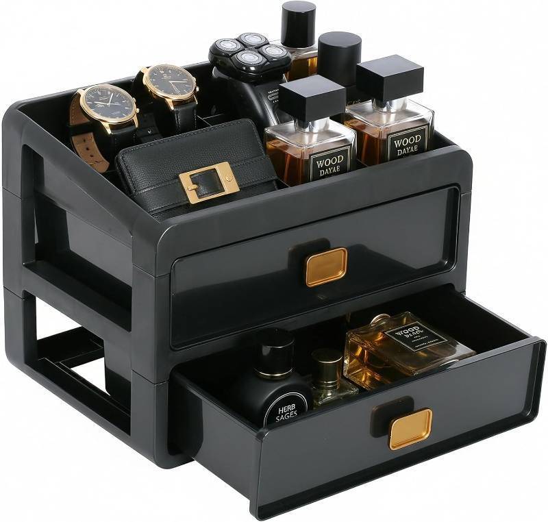 lot 13220 image: Cologne Organizer for Men,Cologne Stand with 2 Drawer,Nightstand Organizer,Cologne Shelf,Dresser Drawer Organizers,Organizador de Perfumes,Perfume Stand Organizer for Bedroom,Three Layer